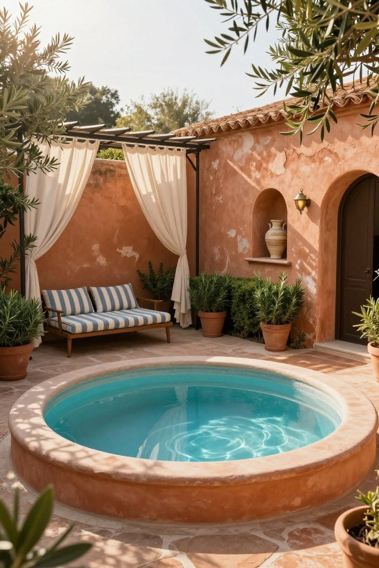 Small round turquoise pool in terracotta-tiled courtyard surrounded by potted plants, lounge seating with striped cushions, draped pergola, rustic orange walls, and arched wooden door.