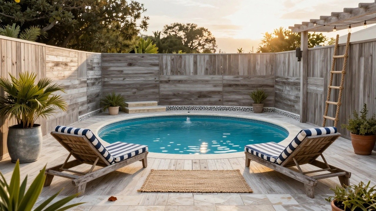 Round above-ground wooden hot tub with blue water and tiled edge on a gray stone patio surrounded by white pebbles, next to an open wooden pergola containing two blue striped lounge chairs, potted plants, and string lights amid tropical greenery.