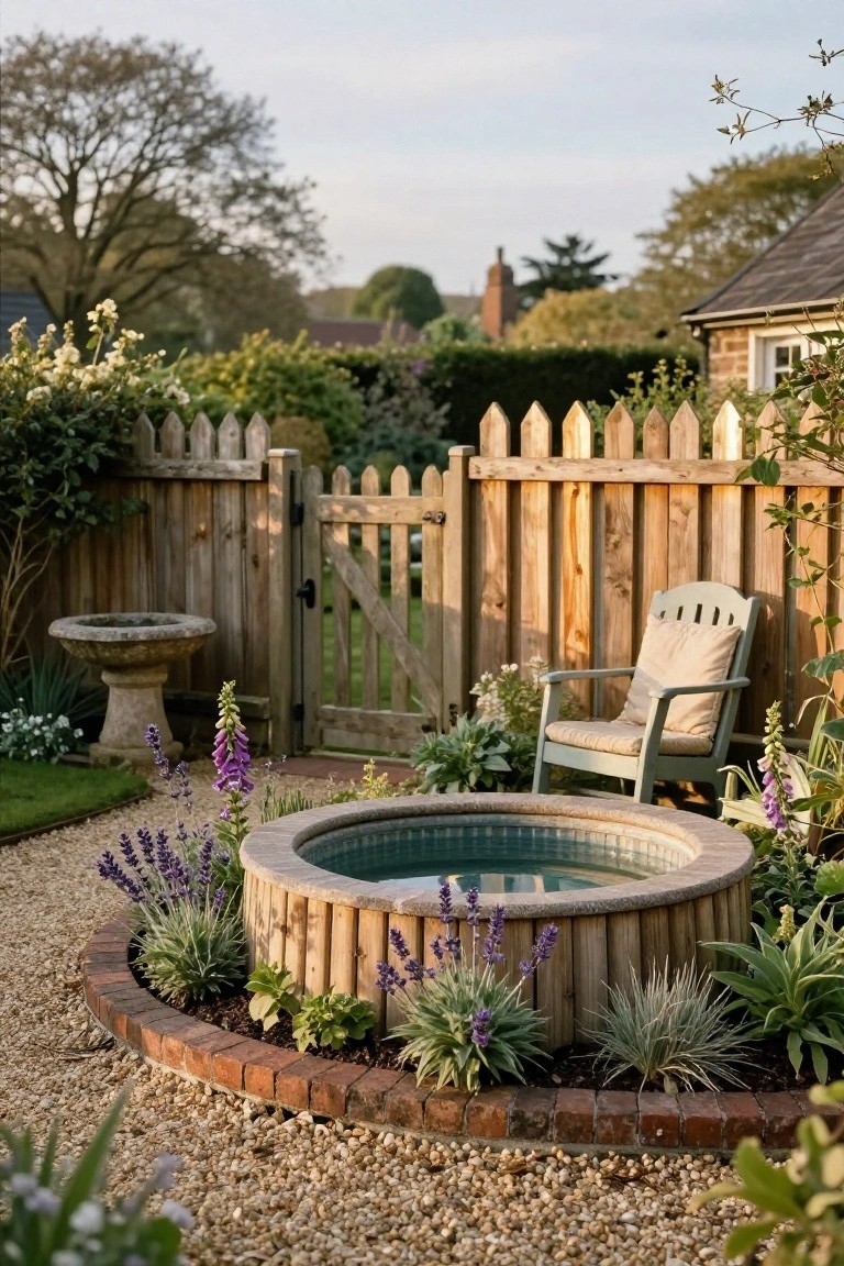 Wooden barrel-style above-ground hot tub set into a circular raised brick bed surrounded by lavender and other plants, with a gravel path, birdbath, Adirondack chair, and picket fence gate in a garden.