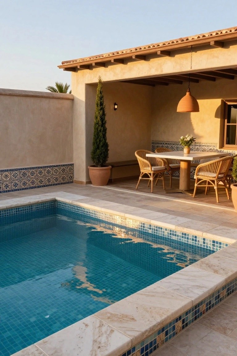 Small rectangular pool with blue mosaic tile interior and beige stone coping adjacent to a covered terrace featuring a round white table, four rattan chairs with cushions, potted plants, a terracotta hanging lamp, and stucco walls with blue tile accents.