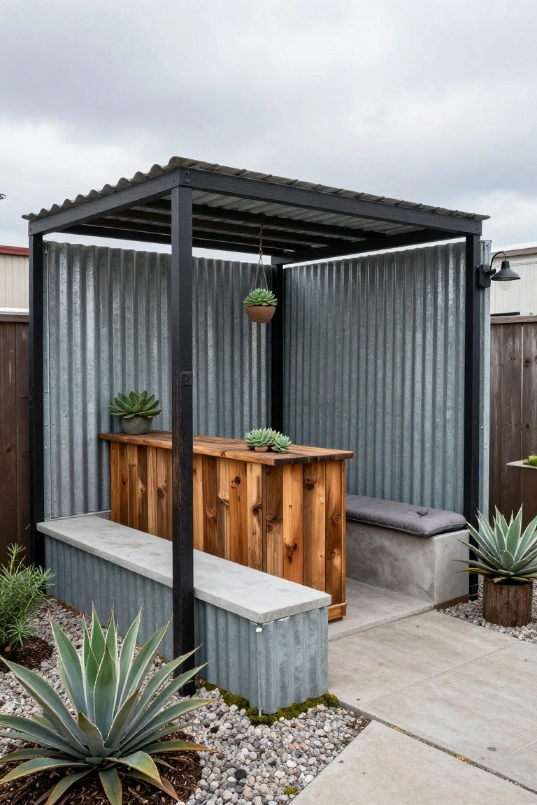 Corrugated metal-walled enclosure with black metal frame and sloped roof, featuring wooden bar counter and bench seating with gray cushions, potted succulents, hanging plant, agave plants, gravel ground, and concrete path.