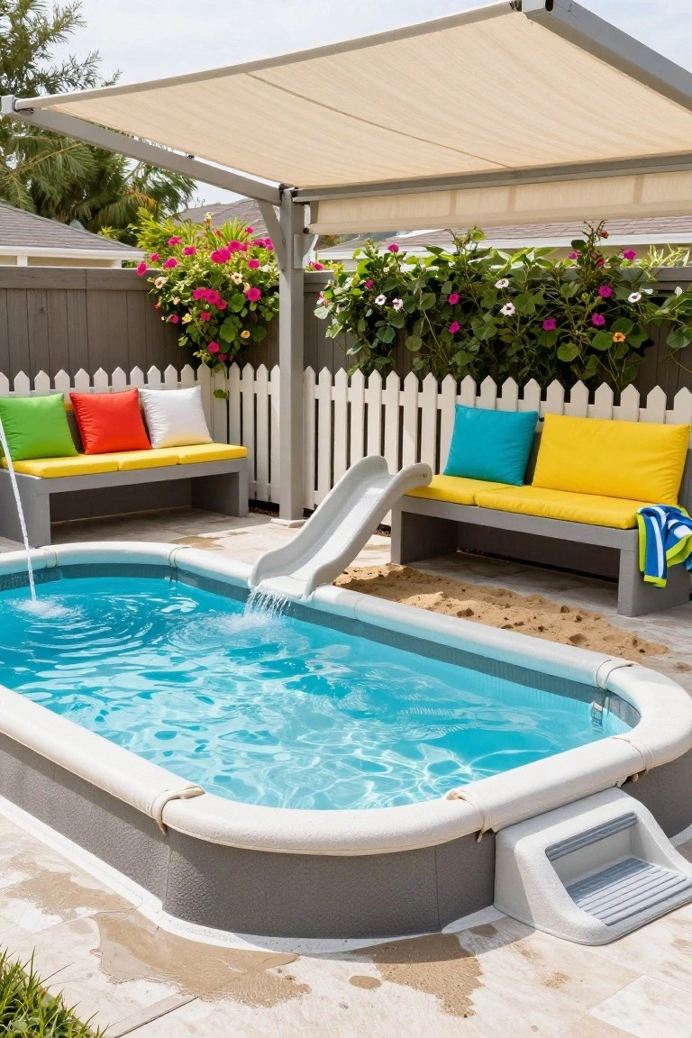 Oval above-ground pool with white slide emptying into the water, flanked by gray benches with colorful cushions in green, red, white, teal, and yellow, under beige retractable awning, wooden fence with plants and sand area nearby.