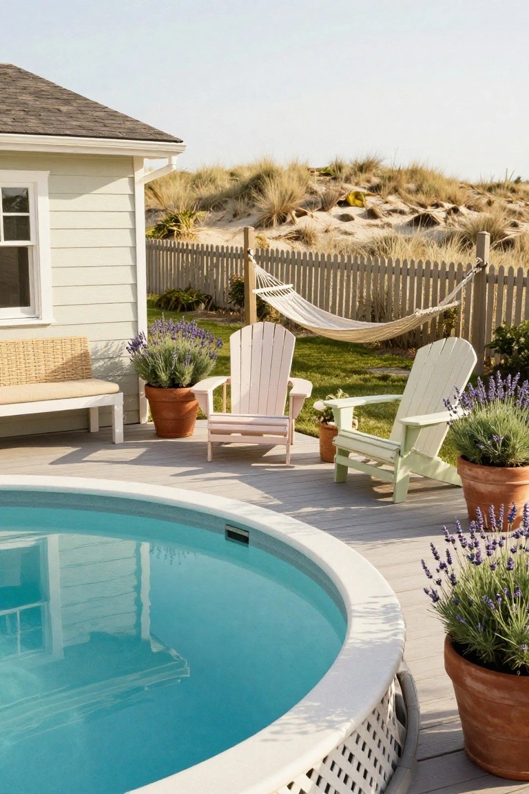 Round above-ground pool edged in white lattice on a gray wooden deck, with pastel pink and mint Adirondack chairs, a white bench, hammock, and terracotta pots of lavender plants nearby, small light green house and dune fence in background.