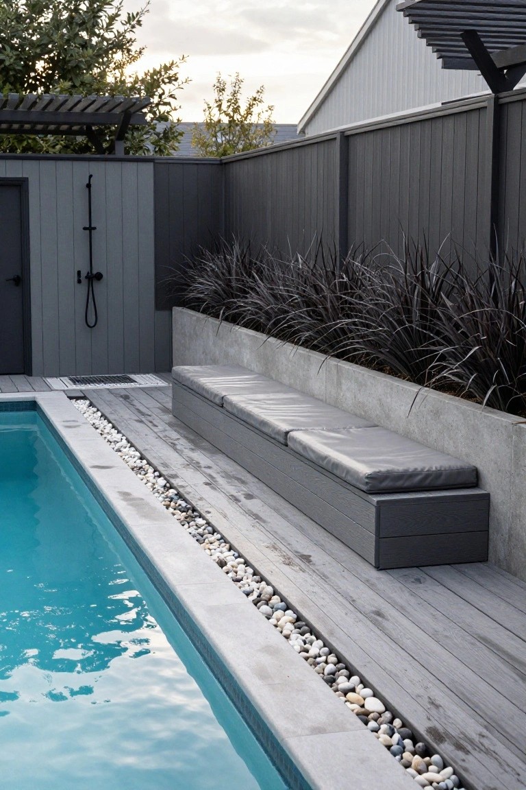 A rectangular pool with light blue water, bordered by gray decking, white pebbles, and a built-in gray bench seat with cushions backed by a concrete planter box of dark grasses, next to an outdoor shower on a gray fence.