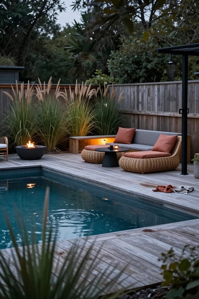Wooden deck beside an above-ground pool with a black bowl fire pit, rattan lounge chairs and ottomans, side table, cushions, potted plants, tall ornamental grasses, and an outdoor shower structure against a fence.