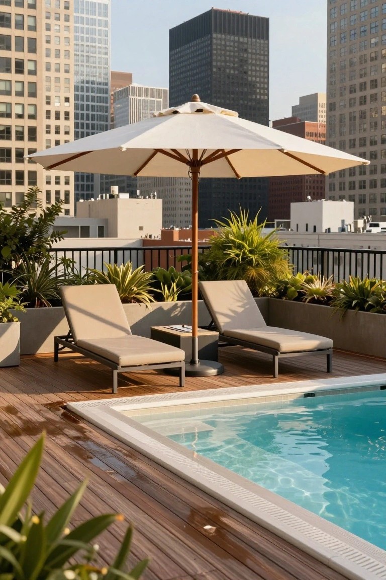 Rooftop deck with a small turquoise above-ground pool, two beige lounge chairs under a large white umbrella, wooden decking, potted tropical plants, and city buildings in the background.