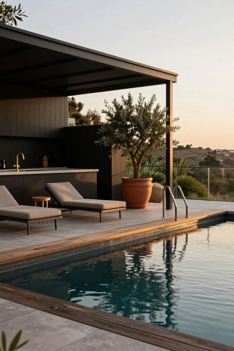Above-ground pool with wooden deck edging and tiled surround, black outdoor kitchen cabinets under a dark pergola, two lounge chairs, large olive tree in terracotta pot, and pool ladder at dusk with hillside view.