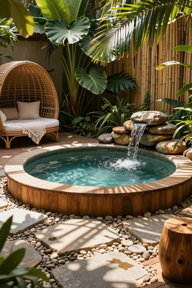 Circular above-ground pool with wooden surround and turquoise-tiled interior, featuring stacked rocks with water cascading into the pool, surrounded by tropical plants, bamboo fencing, pebble mulch, stone pavers, rattan egg chair, and wooden stool.