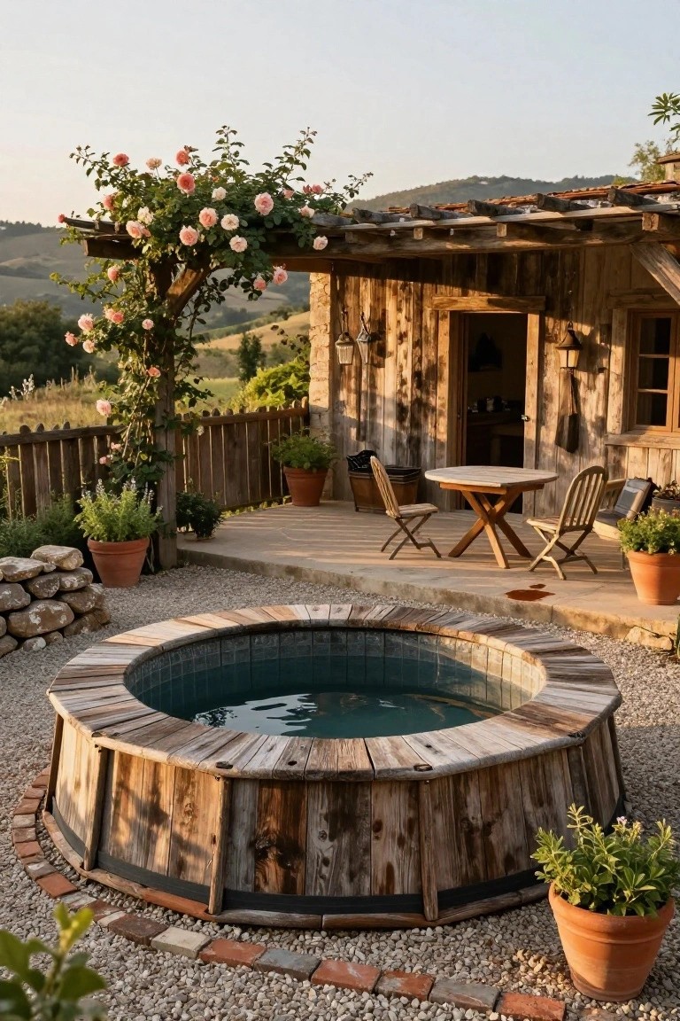 Wooden barrel-style above-ground hot tub in a gravel patio surrounded by plants and pots, with a small round table and two chairs on a wooden deck next to a rustic cabin and pergola with pink roses, set against hills.