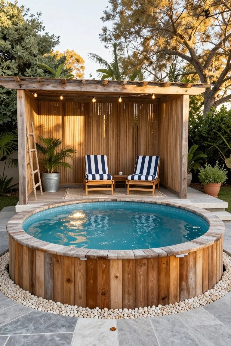 Round above-ground wooden hot tub with blue water and tiled edge on a gray stone patio surrounded by white pebbles, next to an open wooden pergola containing two blue striped lounge chairs, potted plants, and string lights amid tropical greenery.