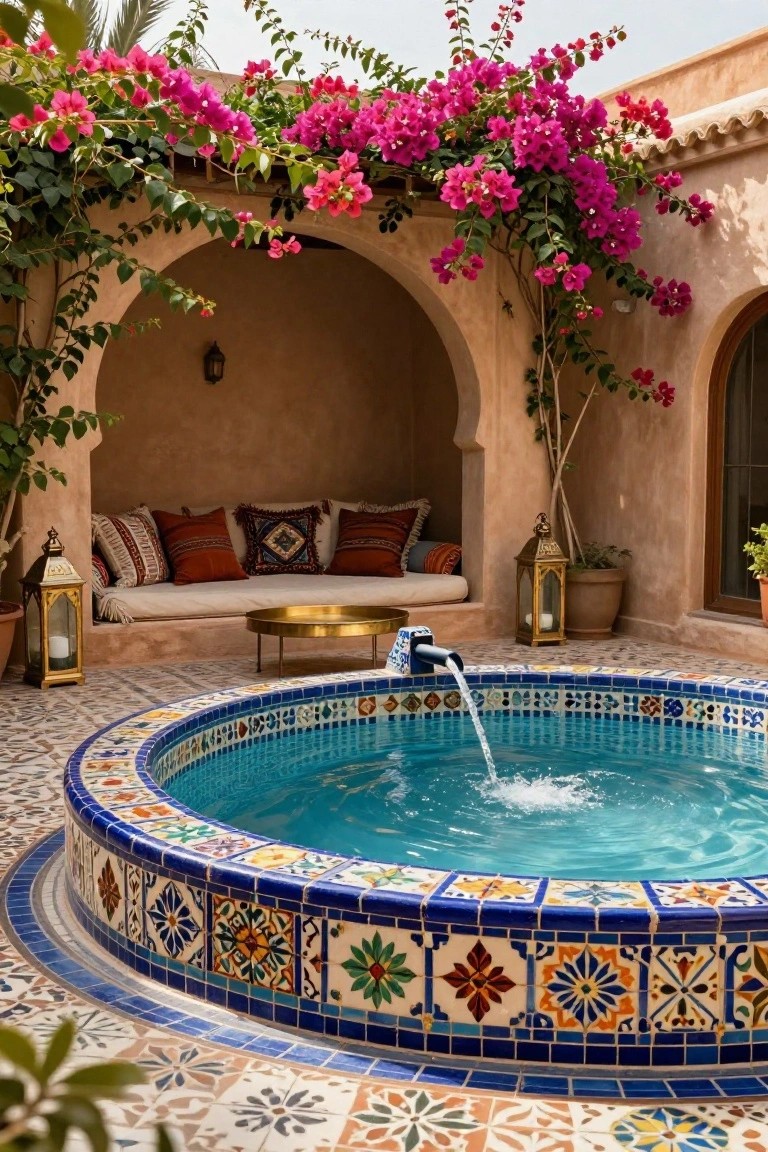 Circular above-ground pool with blue water and vibrant blue, white, yellow, and multicolored tile edging on a tiled patio, adjacent to a cushioned bench alcove under an arched niche with pink bougainvillea vines, potted plants, and lanterns in a Moroccan-style outdoor space.