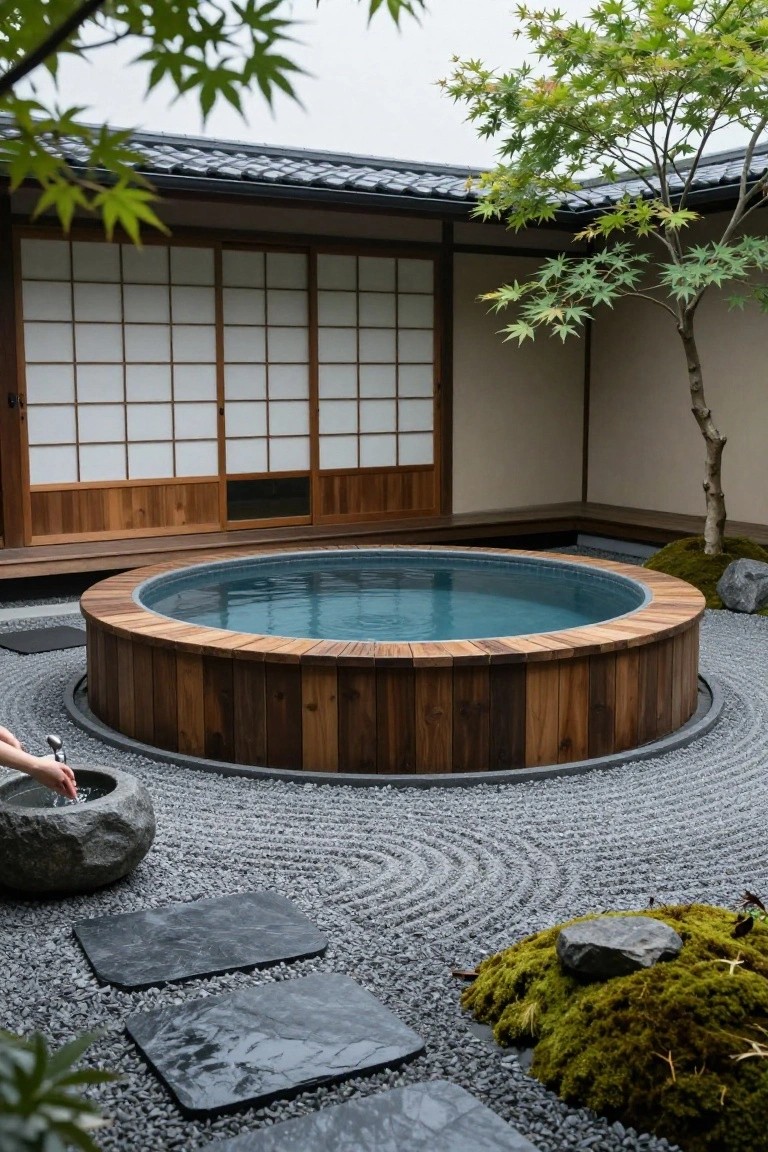 Round wooden above-ground hot tub centered in a zen rock garden with raked white gravel, black stepping stones, moss-covered rocks, a stone water basin with running water, and Japanese-style architecture in the background.