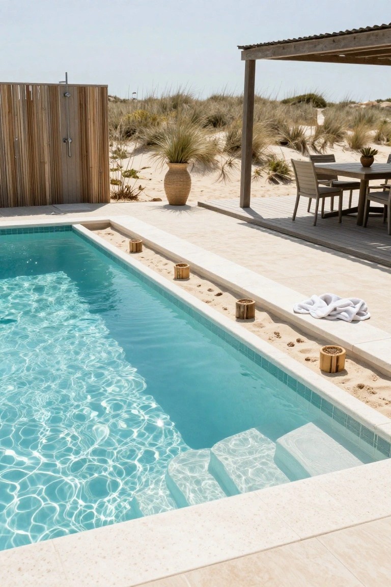Rectangular inground swimming pool with turquoise water and white tiled edges, bordered by sand on a light deck with wooden lanterns and containers, outdoor shower enclosure, dining area under a covered pergola, and sand dunes in the background.