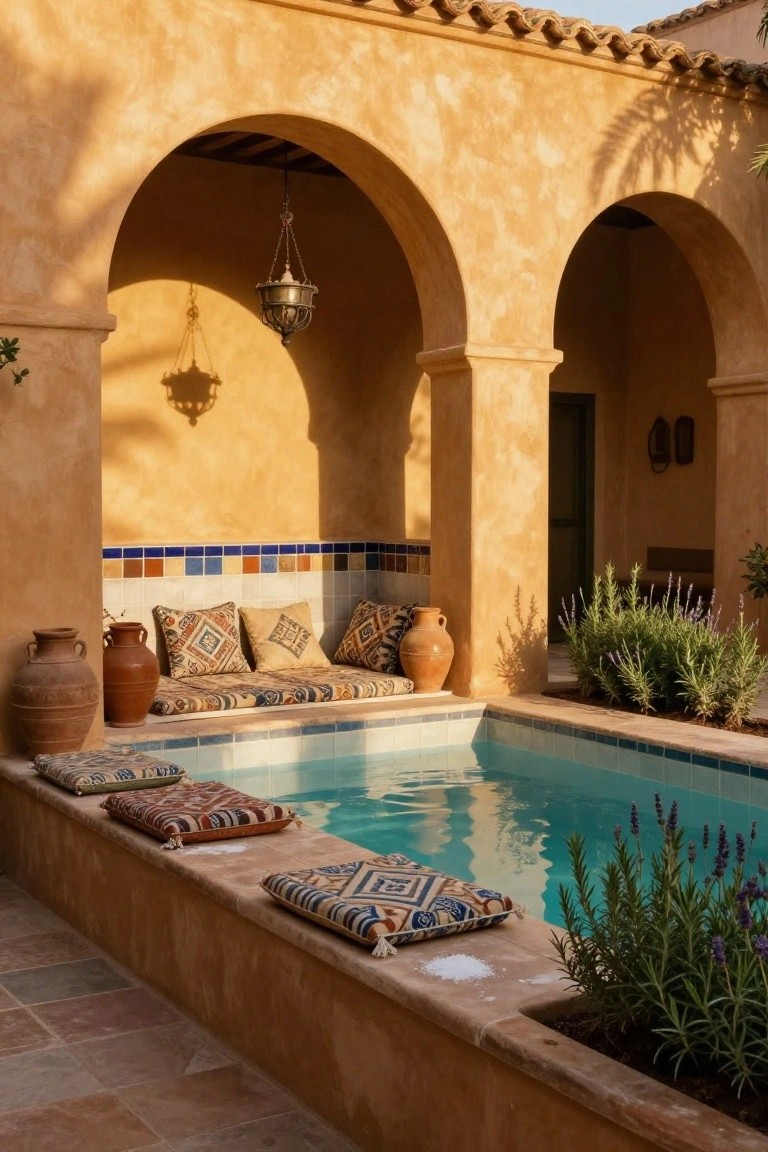 Ochre stucco arched alcove with built-in benches along a turquoise tiled inground pool edge, cushions and pillows in patterned fabrics, terracotta pots, and lavender plants.