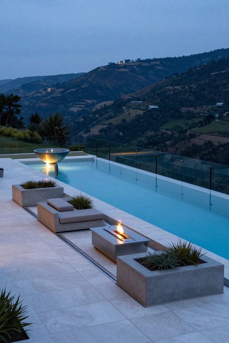 Infinity edge swimming pool on a tiled terrace with glass balustrade, large metal fire bowl at one end, low concrete lounge seats around a linear fire pit, concrete planters with grasses, overlooking dark green hills at dusk.