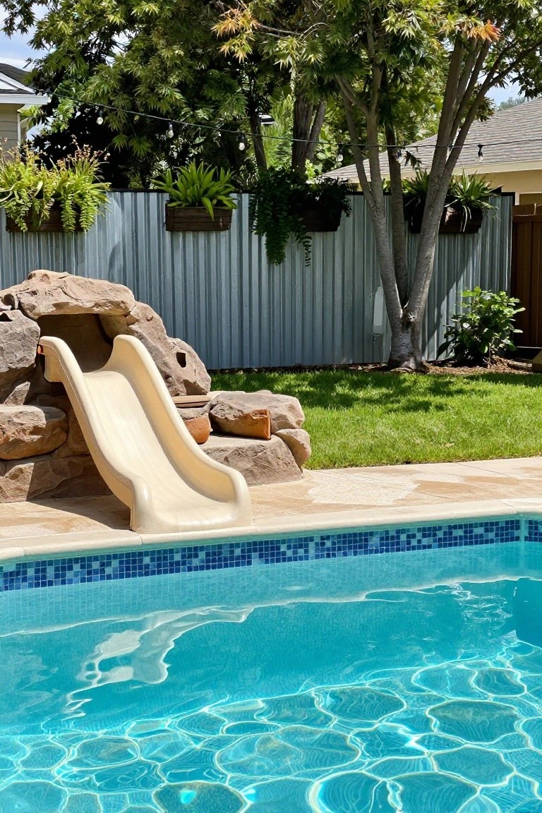 Backyard inground pool with tan slide emerging from rock formation at edge, blue mosaic tiled coping, beige pavers, green grass, plants in fence planters, trees, and corrugated metal fence.
