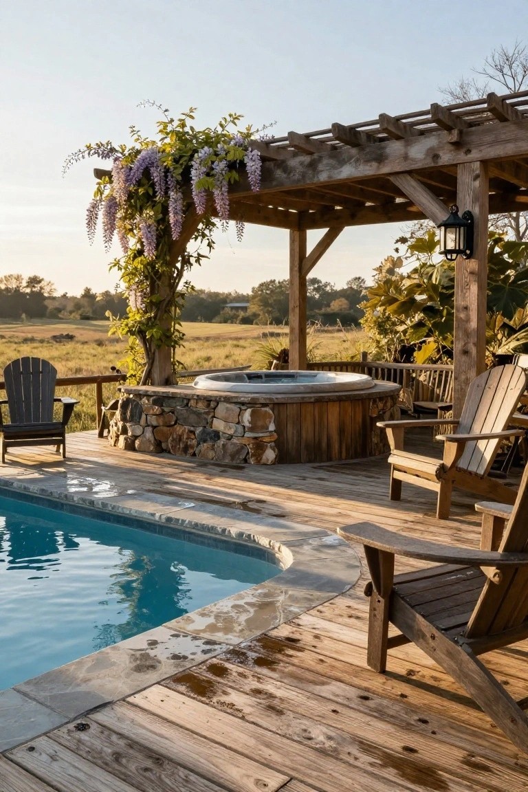 Inground swimming pool next to a circular hot tub built into a stone wall on a wooden deck, shaded by a pergola covered in purple wisteria vines, with wooden Adirondack chairs nearby and open fields in the background.