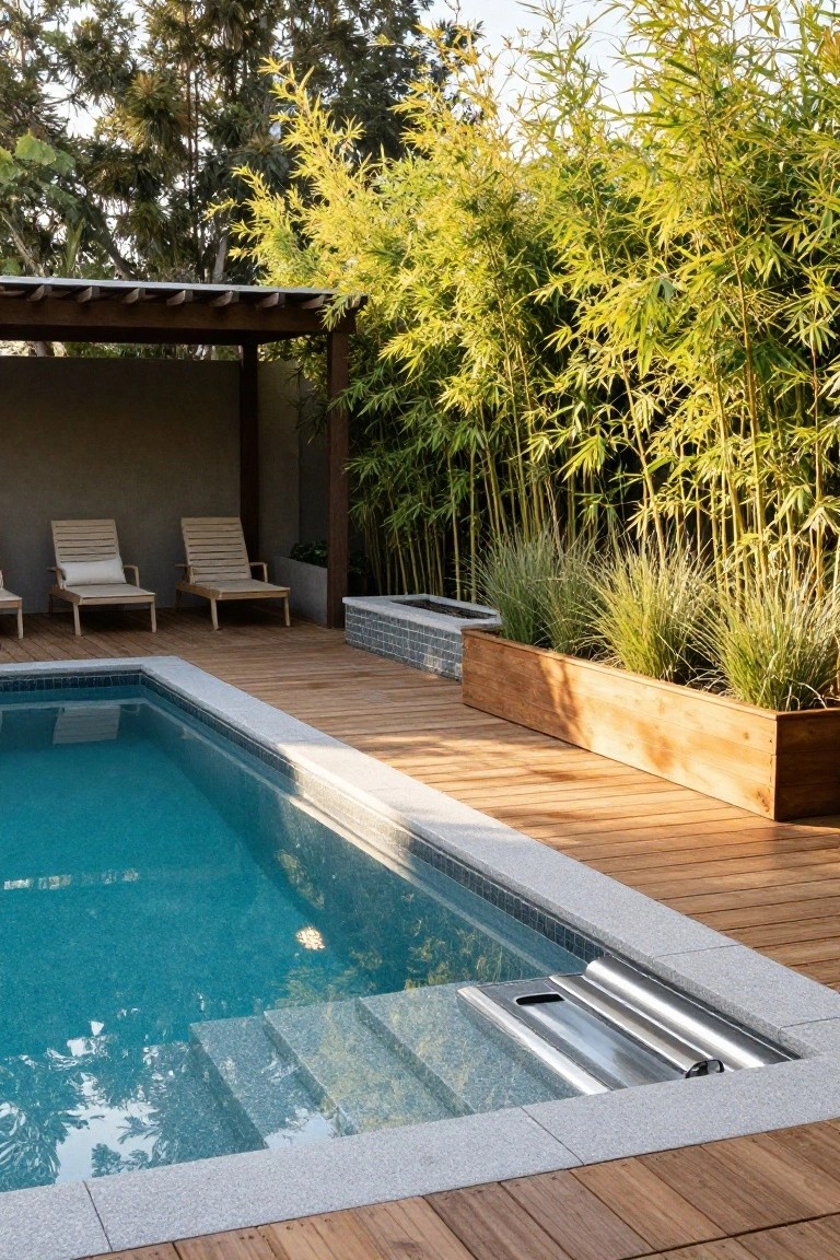 Inground pool with turquoise water and stone steps, bordered by wooden decking, large wooden planters filled with tall grasses, bamboo privacy screen in the background, pergola with lounge chairs, and trees nearby.