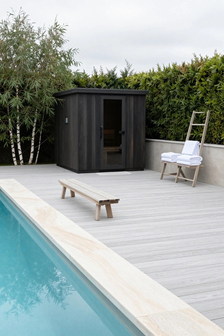 Black wooden sauna cabin on a light gray wooden deck beside an inground turquoise swimming pool with white marble edging, wooden bench on deck, ladder holding stacked white towels, birch trees, bamboo, and green hedge in background.