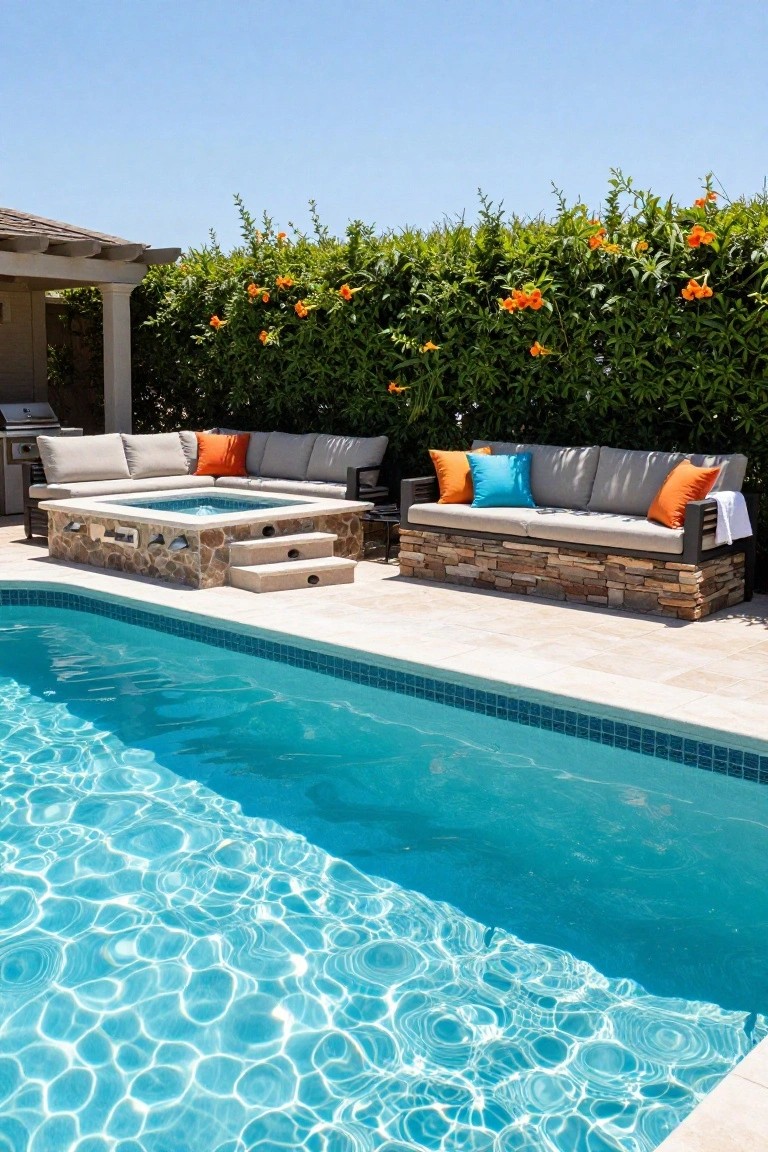 Turquoise inground pool adjacent to a raised rectangular stone spa with steps, L-shaped gray fabric bench seating on stone bases with orange and blue cushions, surrounded by orange-flowering green hedges and a nearby barbecue grill.