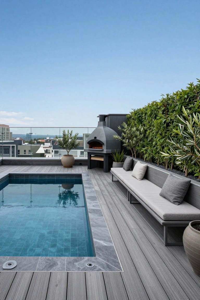 Rooftop terrace with rectangular inground swimming pool featuring blue mosaic tiles and grey stone edging, surrounded by grey composite decking, glass balustrade, wood-fired oven, bench seating, potted olive trees, and a green hedge, viewed against a city skyline under blue sky.