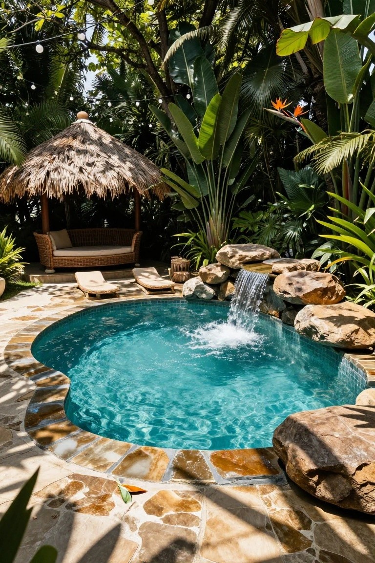 Small oval inground pool with turquoise water and a rock waterfall cascading into it from one side, surrounded by tropical plants, stone pavers, lounge chairs, and a thatched cabana structure.