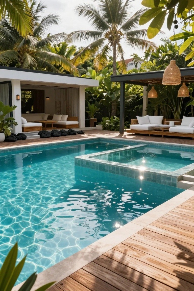 Inground pool with elevated turquoise-tiled hot tub section spilling into main pool, surrounded by wooden decking, white outdoor loungers, black rocks, and tropical plants under a covered seating area.