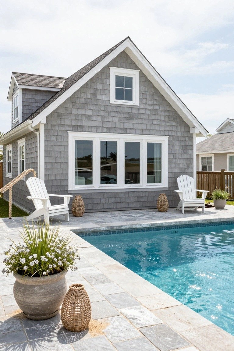 Gray shingled house with white trim and large windows next to a turquoise pool edged in gray stone pavers, with two white Adirondack chairs, potted plants, and seagrass lanterns on the patio.