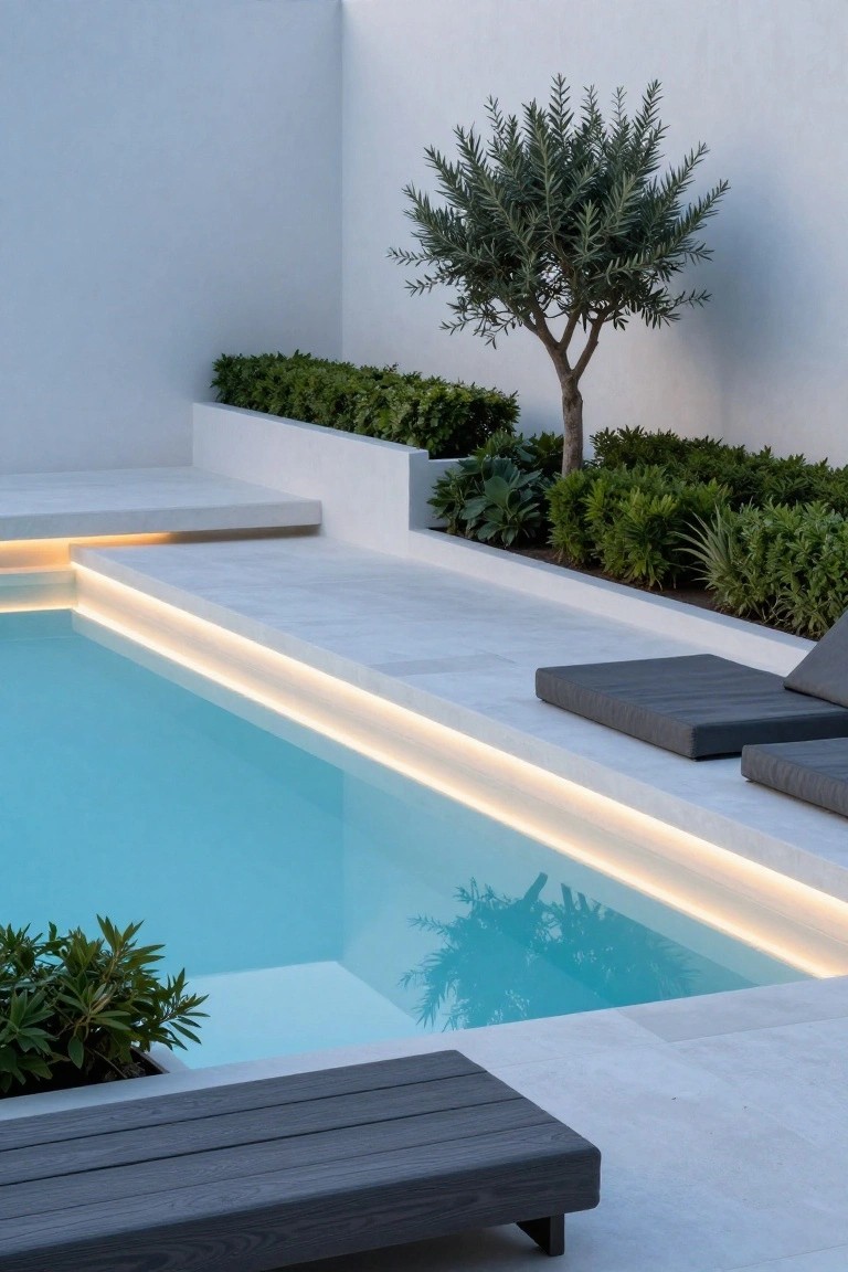 Rectangular turquoise swimming pool with white stone decking edged in LED lighting, black sun loungers, low green hedges, potted plants, an olive tree, and white walls in a modern outdoor setting.
