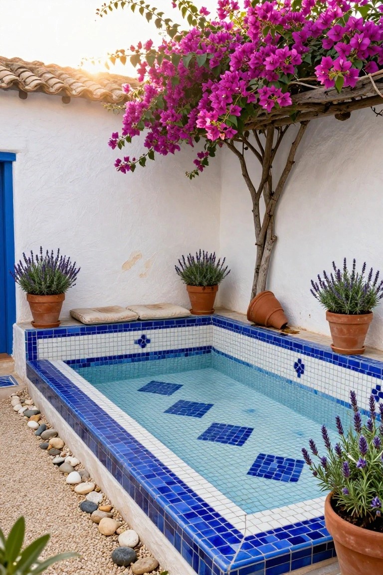 Small elevated rectangular pool with blue and white mosaic tiles in a white stucco courtyard, flanked by terracotta pots of lavender, overhead bougainvillea vines, a blue door, and pebble edging.