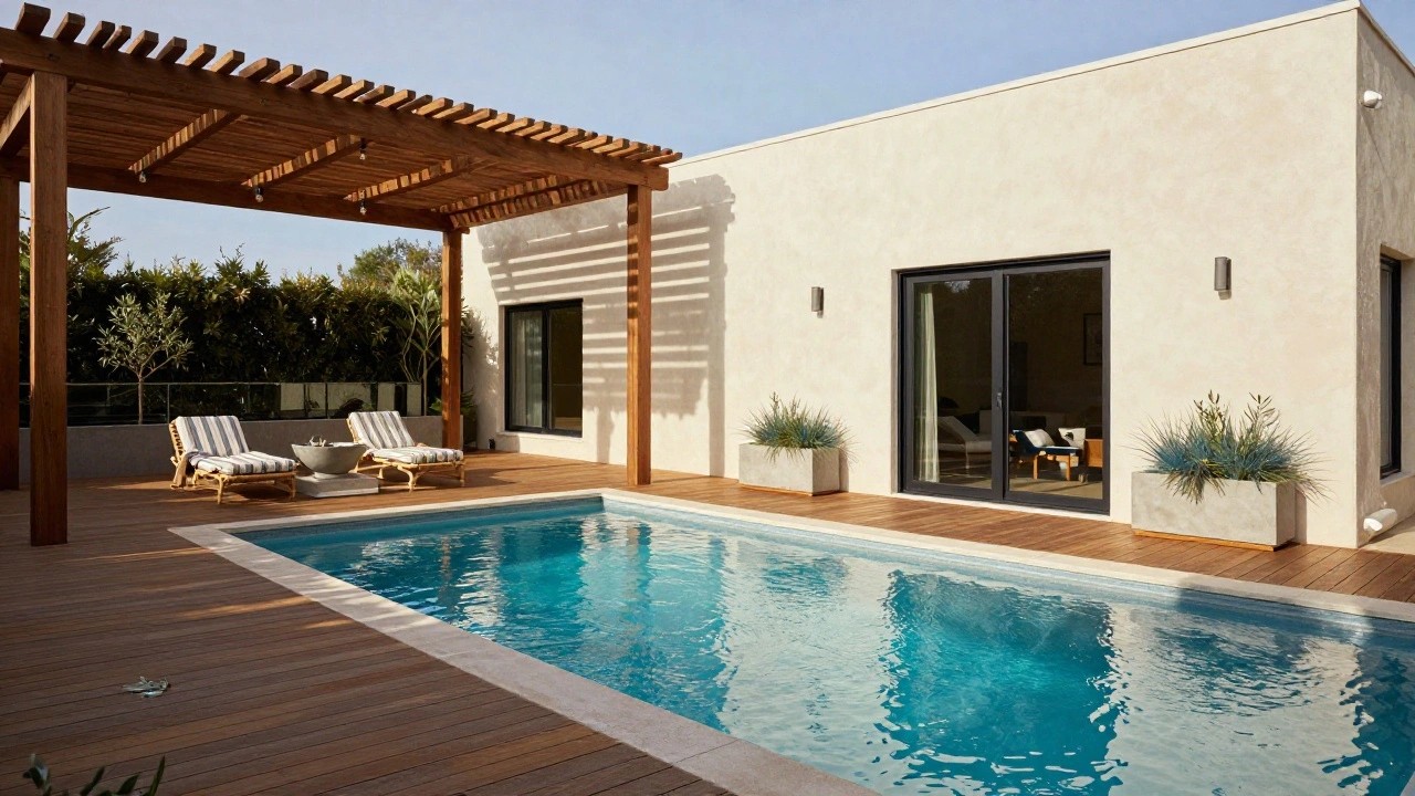 Wooden pergola shading two striped loungers on a deck next to a turquoise pool, with a beige stucco house featuring sliding glass doors and surrounding plants.