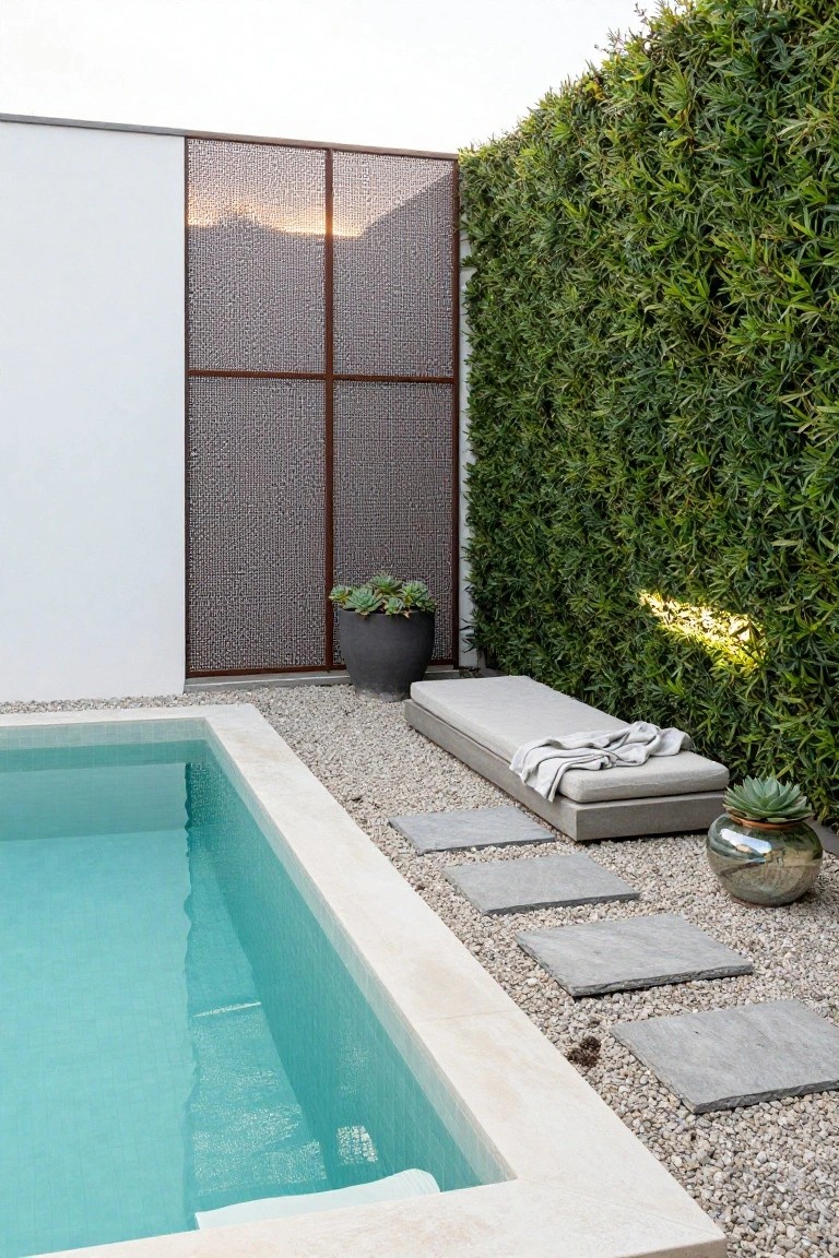 Small rectangular turquoise pool with light stone coping and pebble gravel surround, adjacent to a low beige daybed on a raised platform with gray stone steps, potted succulents nearby, tall green hedge wall, and perforated rusted metal screen on white wall.