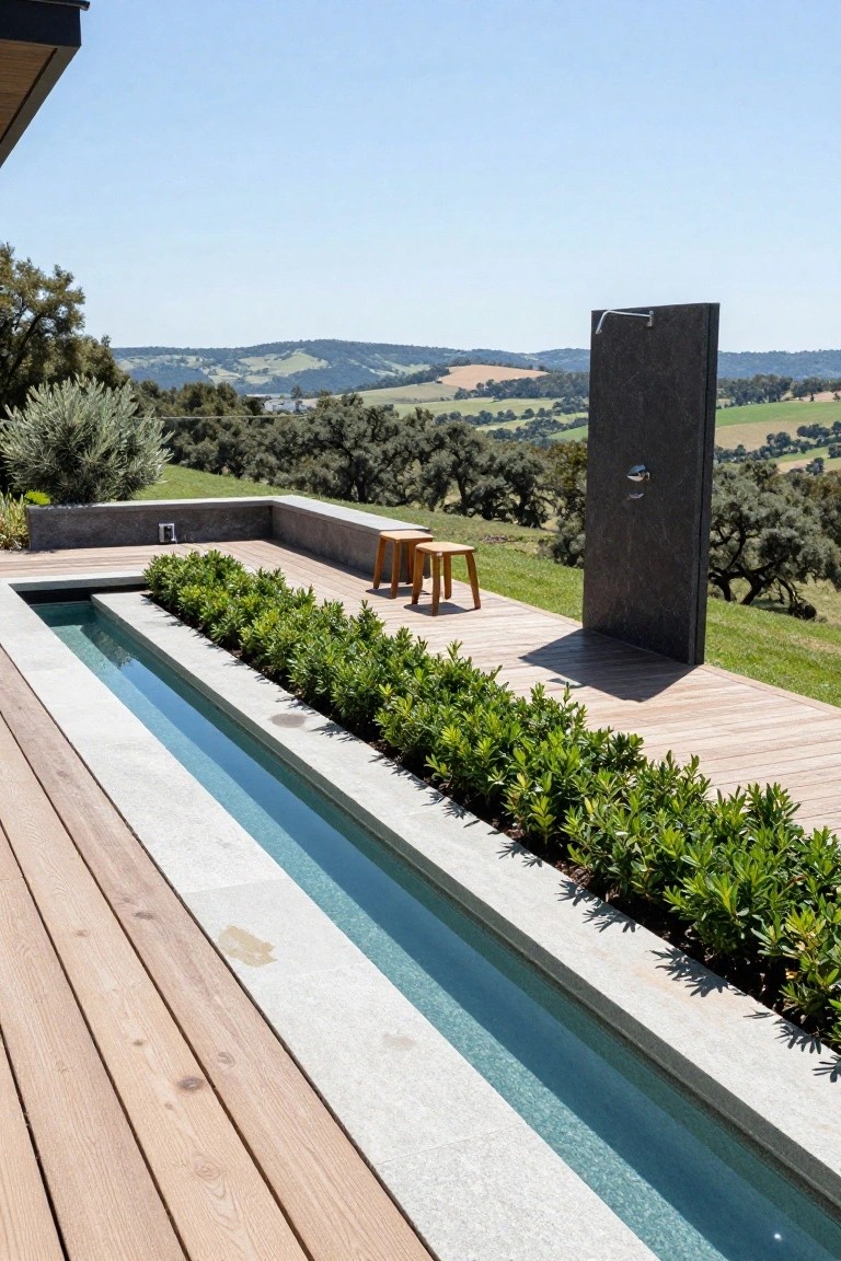 Wooden deck with a long narrow pool bordered by boxwood hedges, two stools nearby, a black stone outdoor shower, and hillside views beyond.