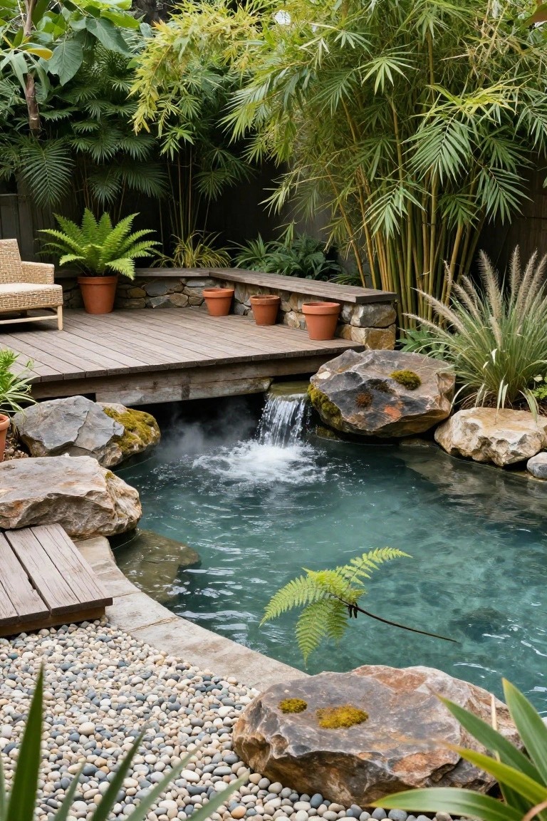 Small turquoise pool with waterfall cascading over mossy rocks, surrounded by bamboo, ferns, potted plants, wooden deck bridge, and pebble ground cover in a lush garden setting.