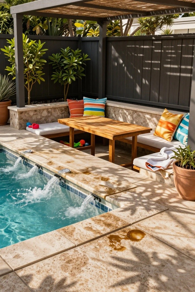 Backyard pool area featuring built-in stone benches with a wooden table holding toys, colorful striped cushions, plants in pots, a towel draped over seating, black fence backdrop, and water cascading from the pool edge.