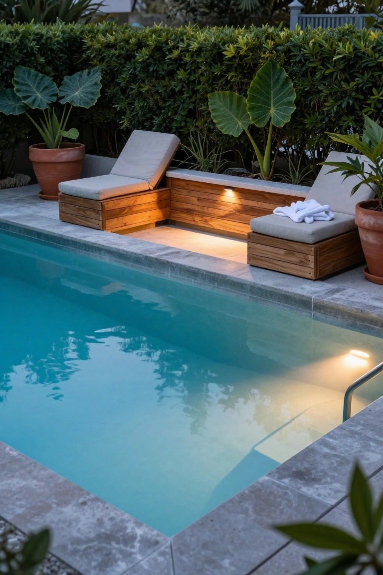 Small rectangular pool with two adjacent wooden built-in loungers holding white cushions, edge lighting underneath, potted plants and dense green hedges in the background.