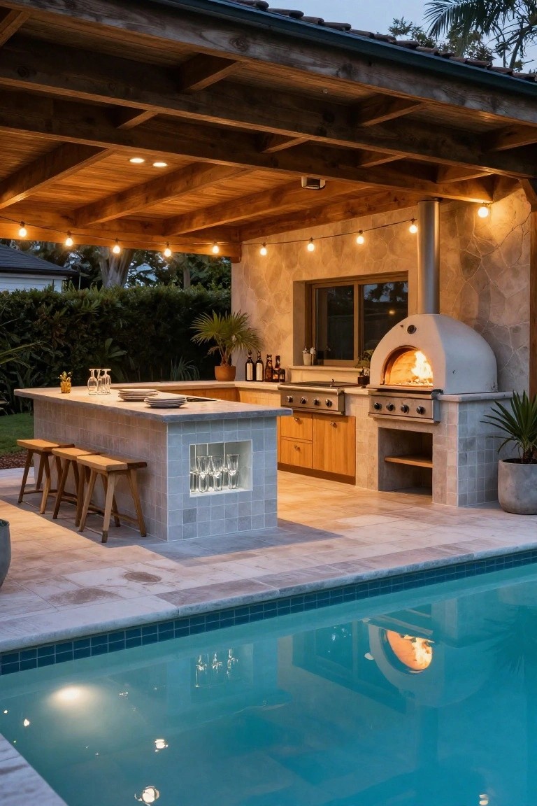 Wooden pergola-covered outdoor kitchen island with built-in wood-fired pizza oven, gas grill, bar stools, and pool nearby at dusk.