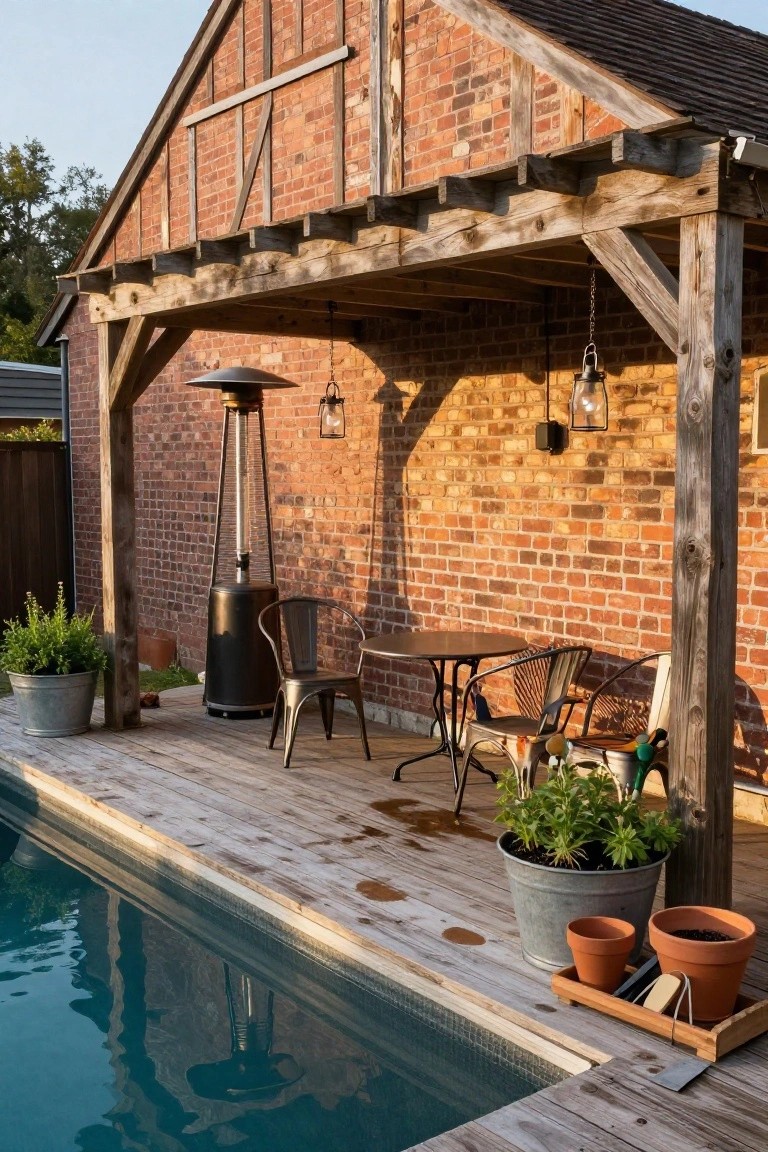 Wooden deck beside a turquoise pool featuring a brick-walled pergola with a tall black patio heater, metal bistro table and chairs, potted plants, and hanging lanterns.