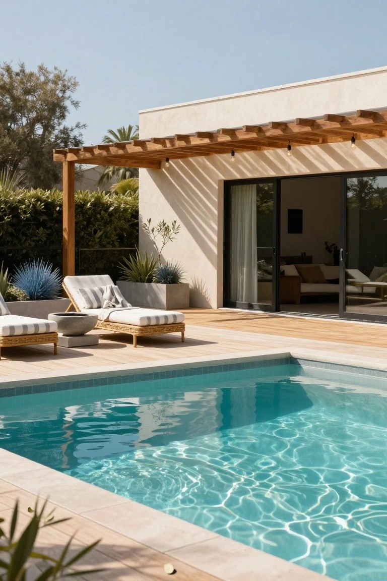Wooden pergola shading two striped loungers on a deck next to a turquoise pool, with a beige stucco house featuring sliding glass doors and surrounding plants.