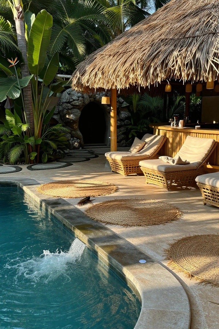 Turquoise pool with stone edge and waterfall feature next to a bamboo bar under thatched roof, rattan lounge chairs on deck with tropical plants and round seagrass mats.