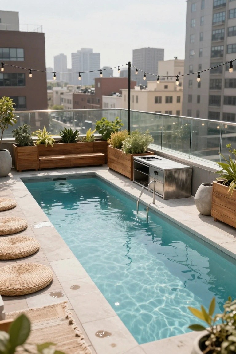 A narrow rectangular rooftop pool with turquoise water, adjacent stainless steel cabinet and ladder, surrounded by wooden planter boxes used as benches filled with tropical plants, woven floor mats, potted greenery, and string lights over a cityscape background.