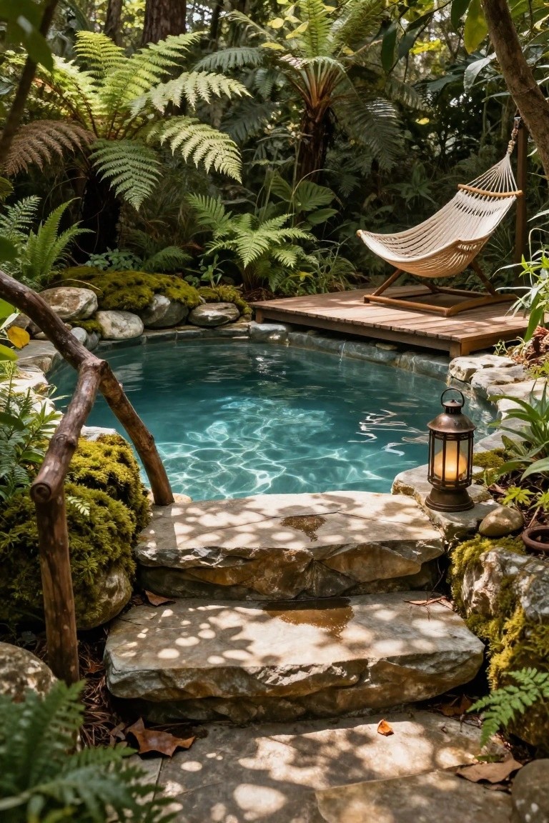 Small turquoise plunge pool on a wooden deck surrounded by ferns, rocks, moss, a hammock, lantern, and wooden steps in a lush garden.
