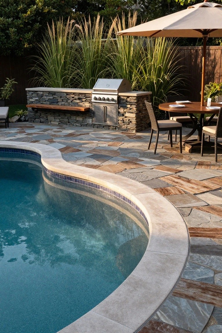 Curved blue pool with travertine coping and surrounding irregular flagstone deck, adjacent built-in stone grill, wooden bench, potted plants, beige umbrella, wicker dining table with chairs, ornamental grasses, and wooden fence in backyard.