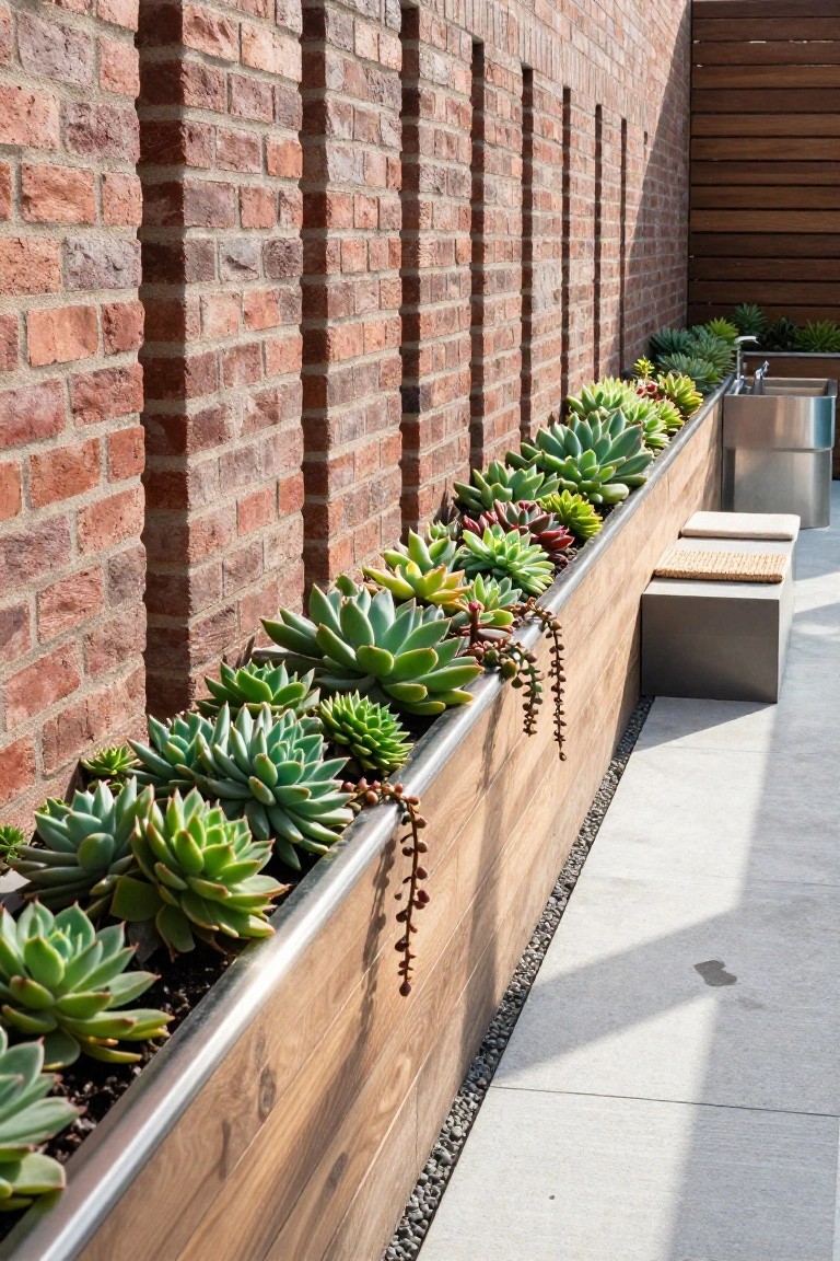 Succulent plants in a long wooden planter against a brick wall.