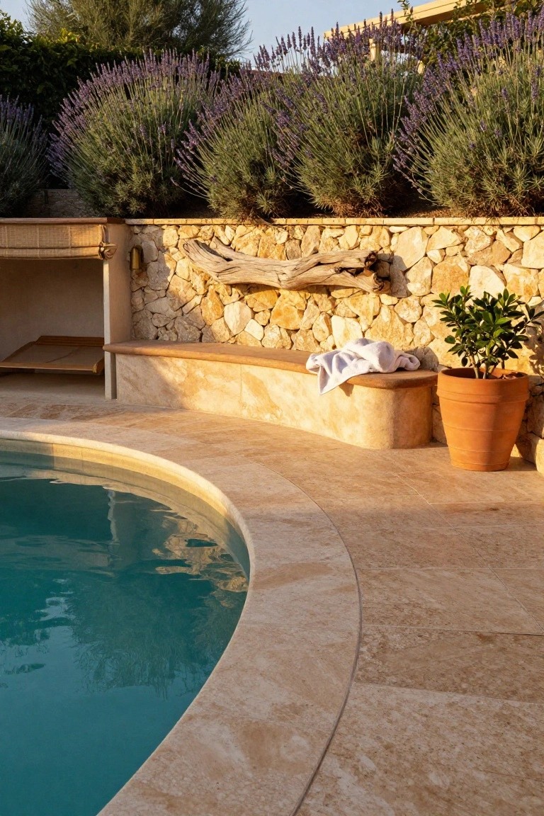 Curved turquoise pool with beige travertine tile surround and edge, built-in bench on dry-stacked stone wall holding white towels, lavender hedges along the wall, potted plant nearby, and wooden sunbed in alcove.
