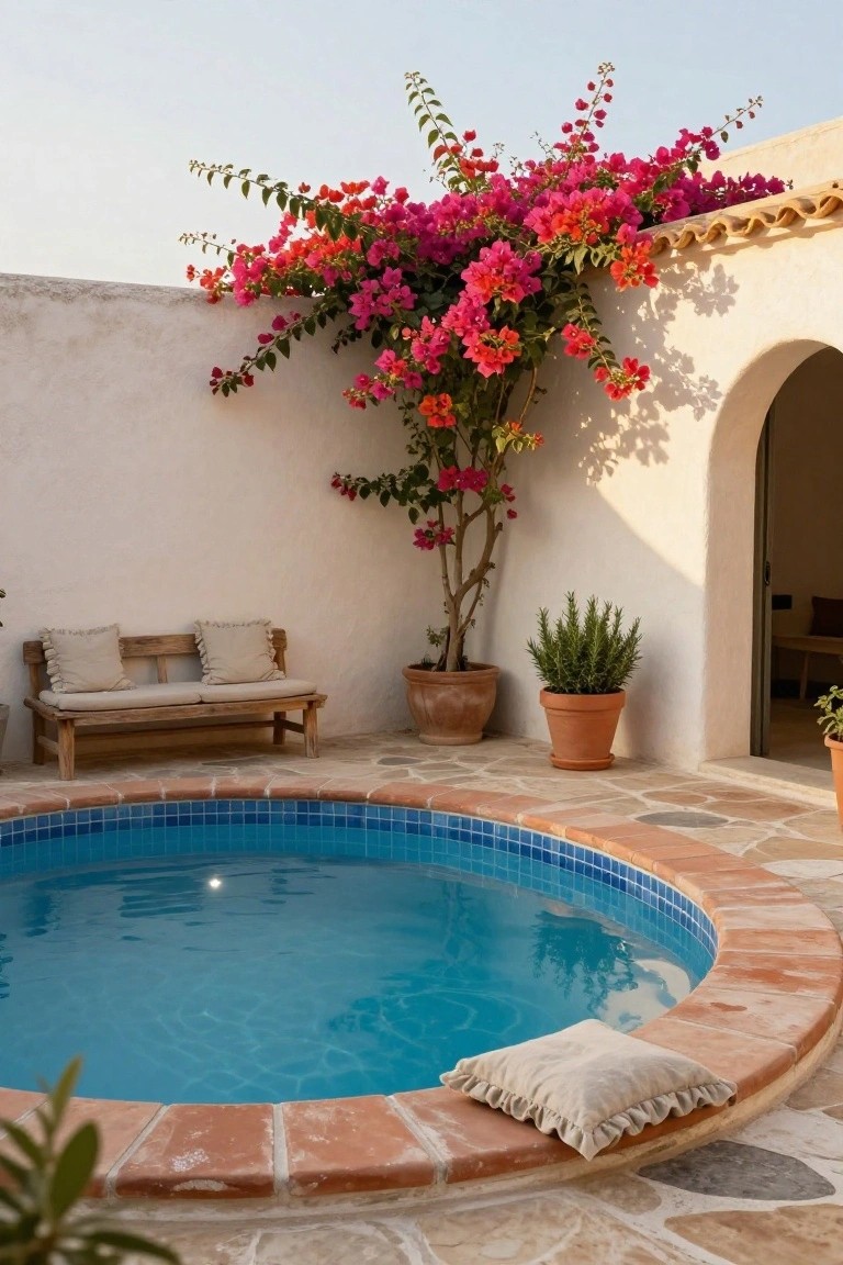 Small circular blue-tiled plunge pool in a white-walled outdoor courtyard patio with terracotta edging, wooden bench with cushions opposite, potted plants, and bougainvillea vines climbing the wall.