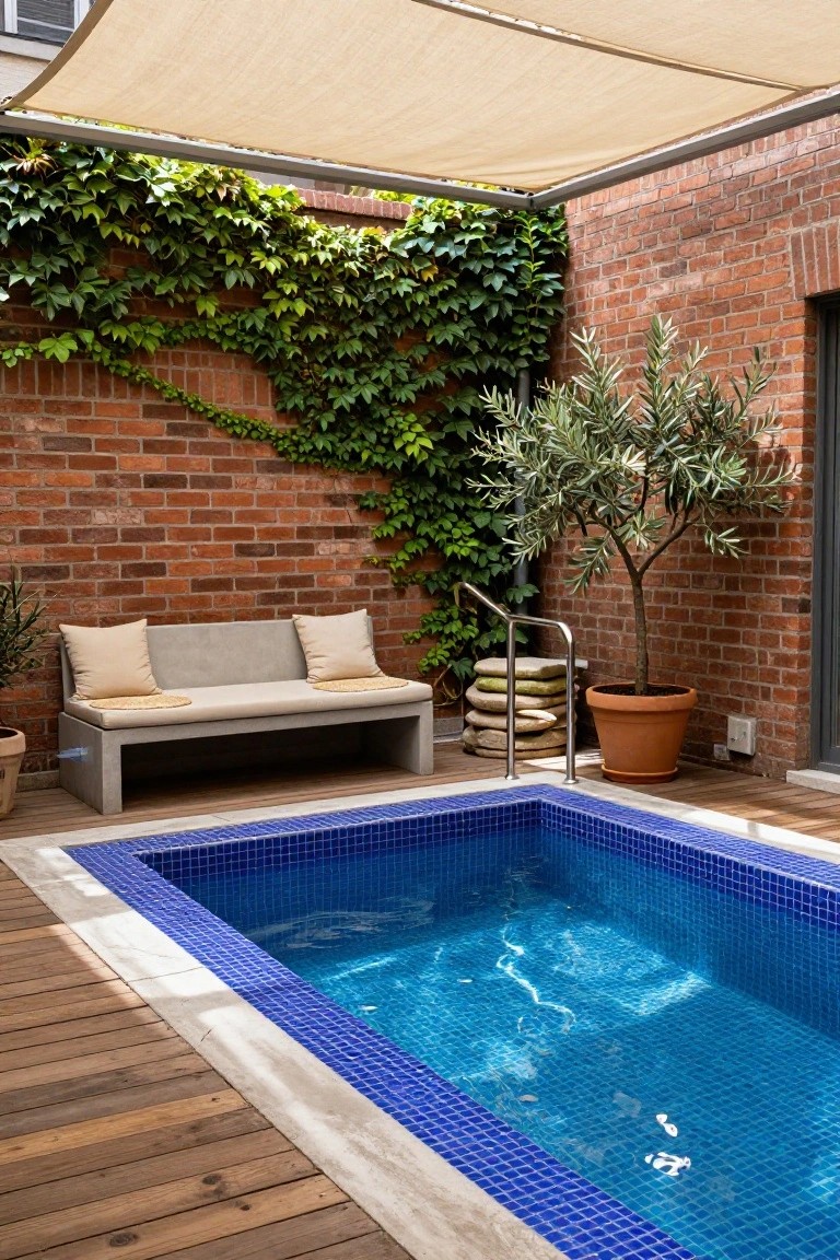 Small rectangular blue mosaic-tiled plunge pool in a brick-walled courtyard with ivy on walls, olive tree in terracotta pot, concrete bench with beige cushions, stacked stone steps to pool, wooden decking, and beige shade sail overhead.