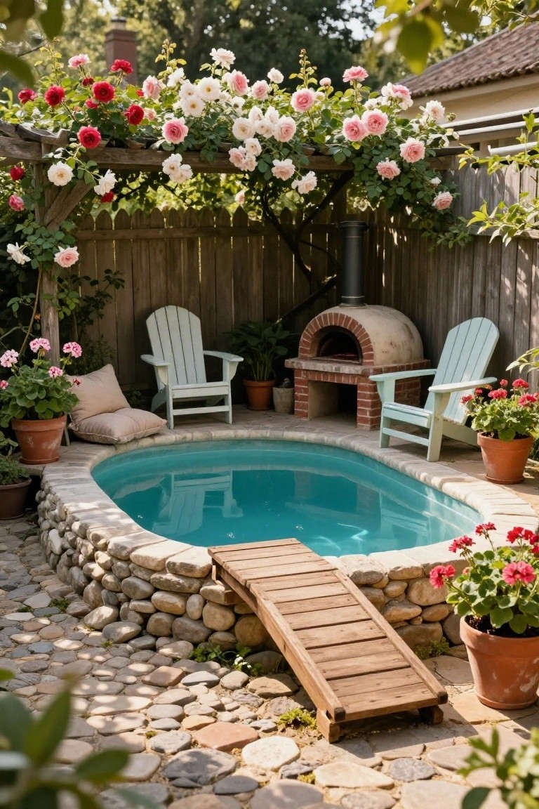 Small oval turquoise plunge pool with stone surround and wooden ramp bridge in a backyard garden, next to Adirondack chairs, brick pizza oven, potted plants, and climbing roses on a wooden fence.