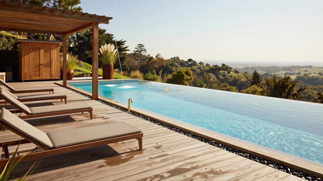 Wooden deck with three beige loungers positioned beside a turquoise infinity pool edged in black pebbles, with a pergola structure and hillside views in the background.