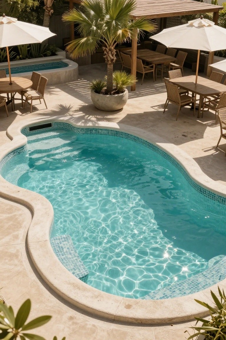 Overhead view of a turquoise freeform pool with mosaic tile edges and stone coping, surrounded by beige tiled deck, wooden lounge chairs and dining tables, white umbrellas, and potted palm trees.
